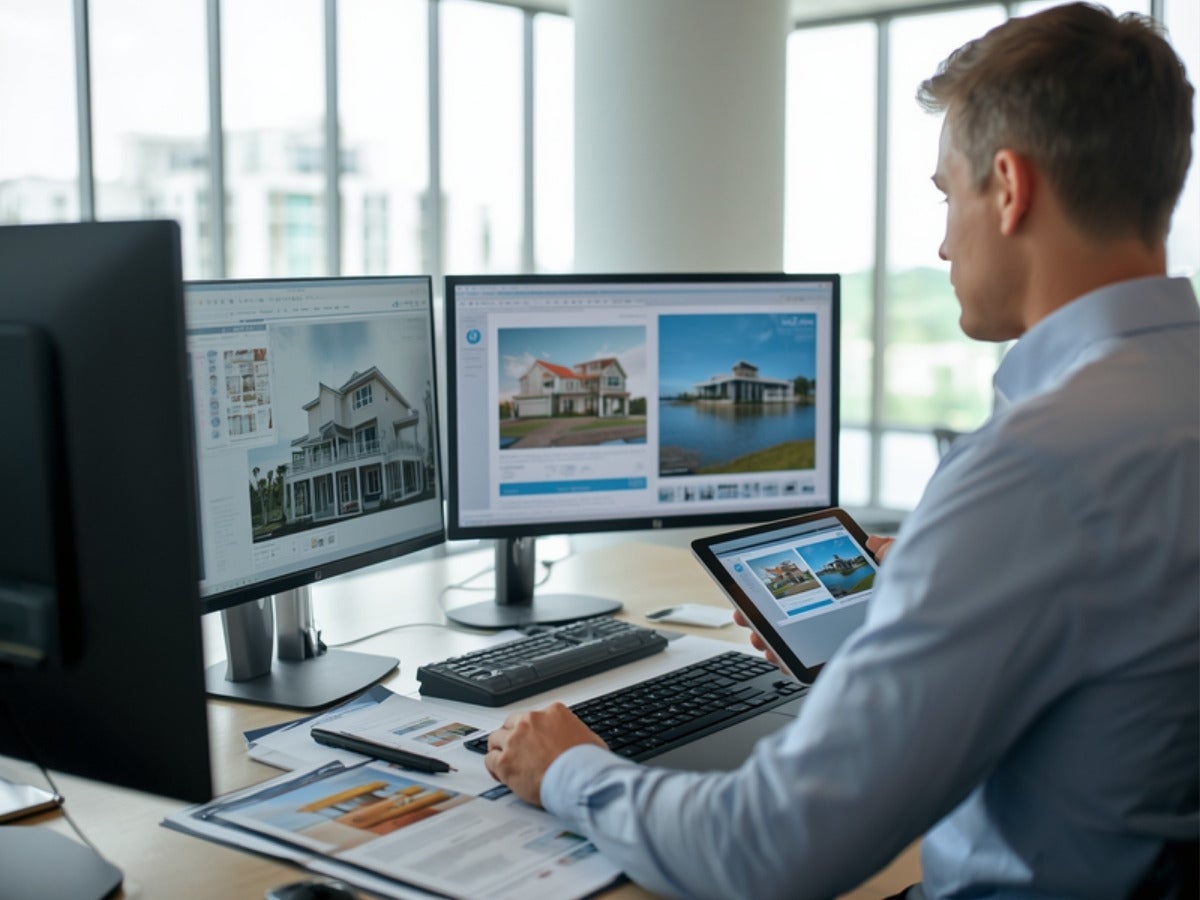 A real estate agent reviewing a listing presentation on a laptop in a Florida brokerage office.