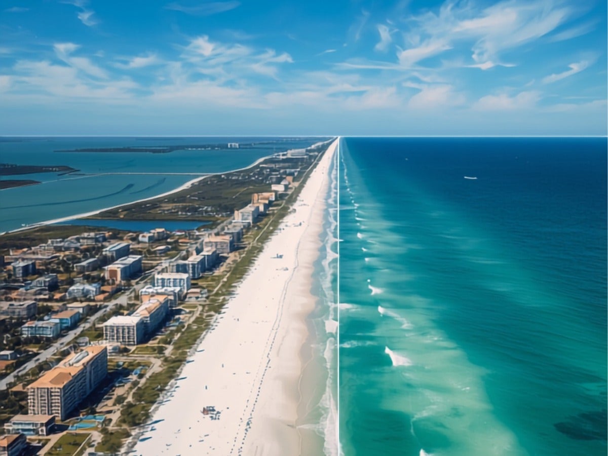 The white-sand Gulf shoreline of Florida's Emerald Coast in the Pensacola-to-Destin corridor.