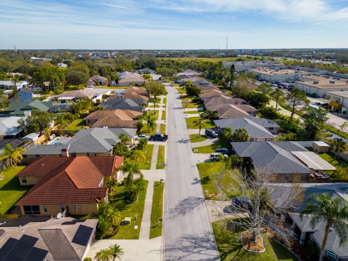 An aerial view of the Halifax River separating mainland Volusia County from the Daytona Beach peninsula, near Port Orange and Ormond Beach, Florida.
