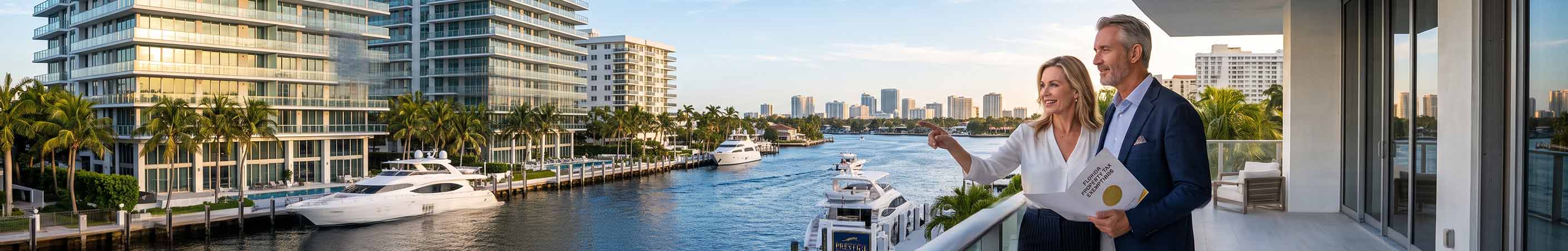 A panoramic photograph of the Fort Lauderdale intracoastal waterway, featuring luxury modern condos, yachts, and the city skyline, serving as a featured hero image for a Prestige Waterfront Realty blog post. An affluent couple on a balcony views the water, holding a document folder about property taxes and Florida Homestead Exemption advisory, highlighting the professional, experienced, and trusted real estate services offered by PWR across Miami-Dade, Broward, and Palm Beach counties, specializing in waterfront real estate and advisory services.