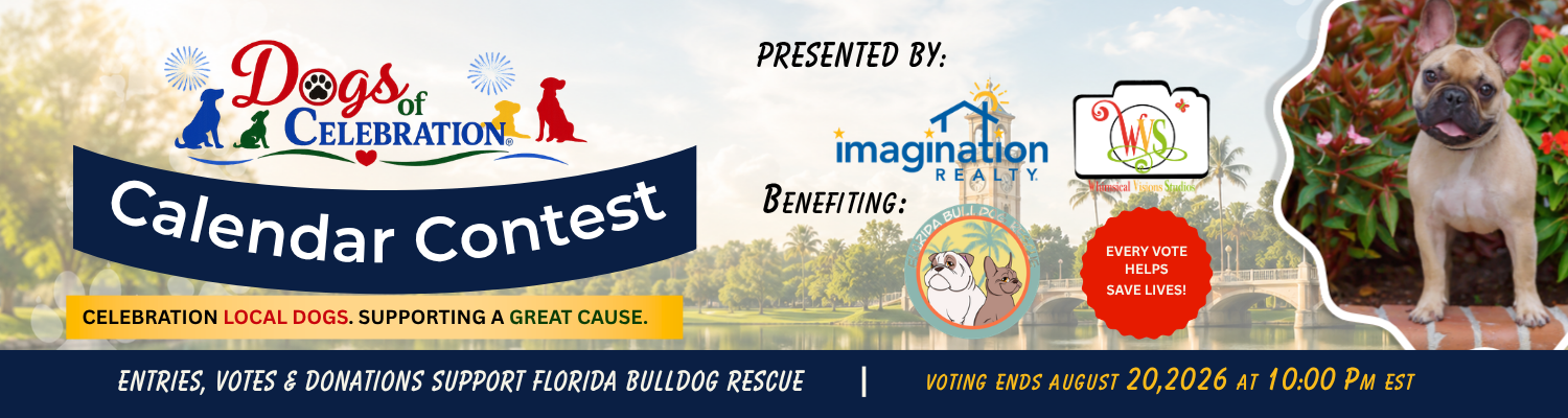 Dogs of Celebration 2027 charity calendar contest benefiting Florida Bulldog Rescue in Celebration, FL