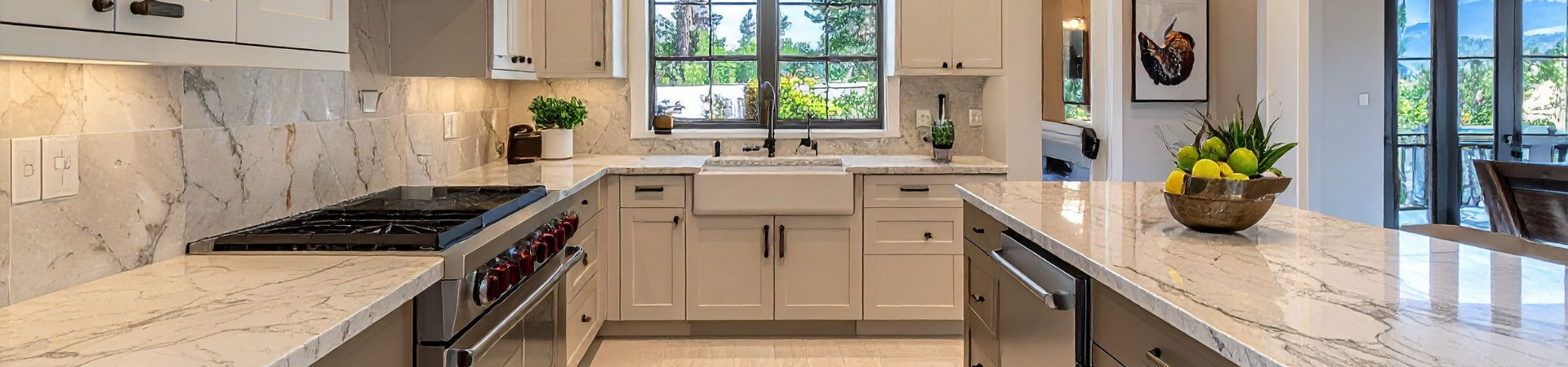 Modern clean kitchen with window over farm sink