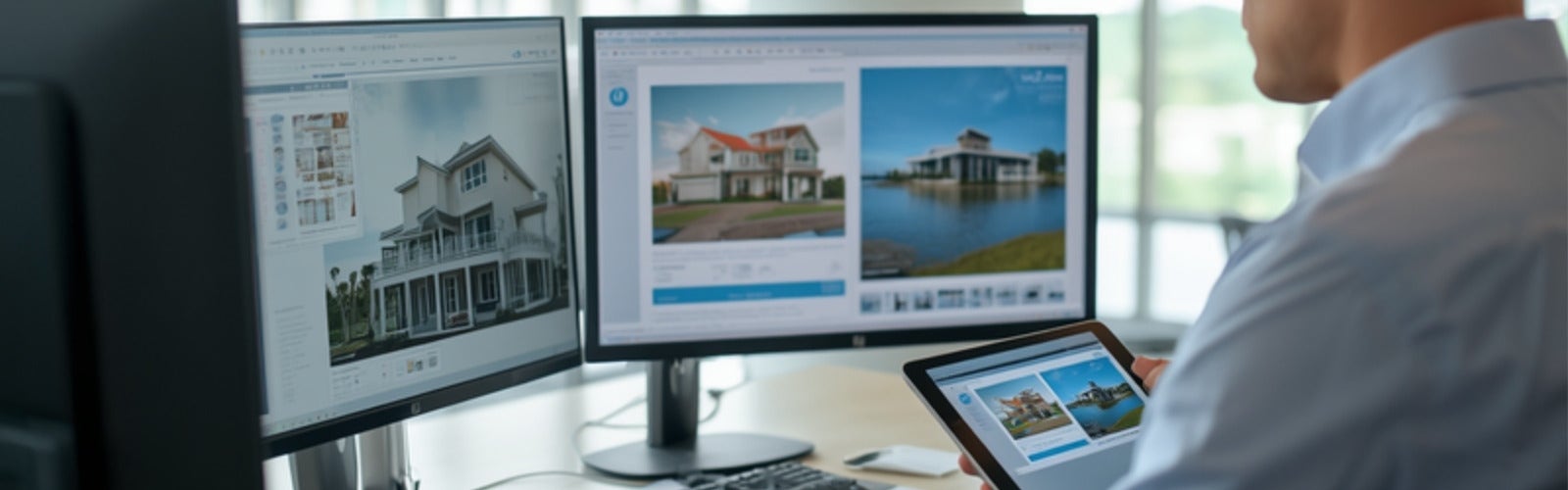 A real estate agent reviewing a listing presentation on a laptop in a Florida brokerage office.