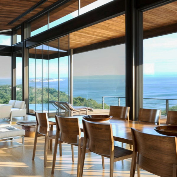 Contemporary dining room with floor-to-ceiling windows overlooking panoramic ocean views in Guanacaste, Costa Rica.