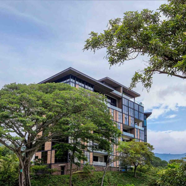Contemporary mid rise apartment building in surrounded by large trees and greenery, featuring glass balconies, brick and concrete, and hillside views.
