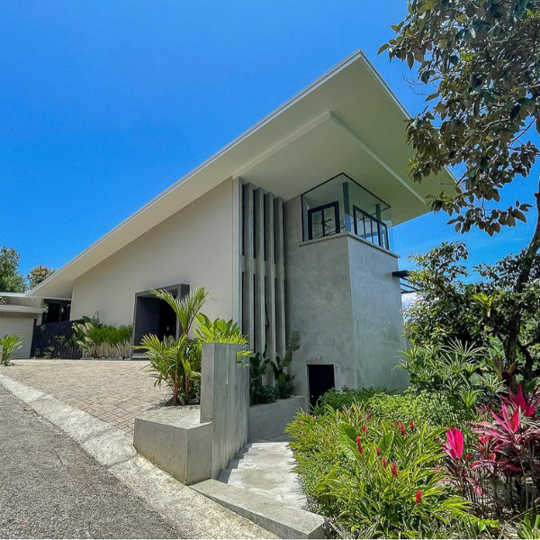 The front exterior of a modern house with an angular roofline, tall vertical architectural fins, and lush greenery around the pathway.