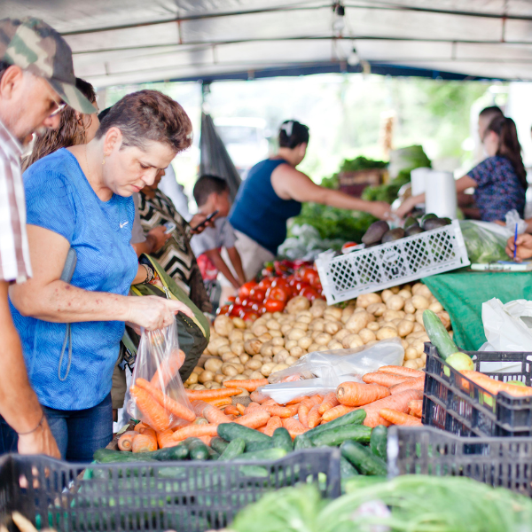 People shopping at a local farmers market in Costa Rica with fresh vegetables including carrots, potatoes, and cucumbers