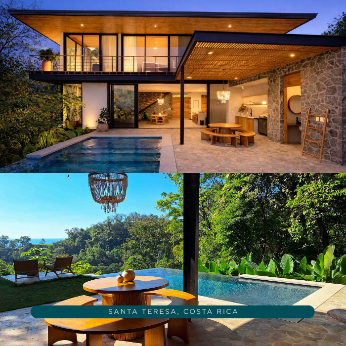 Modern tropical luxury home exterior with private pool, covered outdoor dining area, and open-concept living space surrounded by lush jungle.