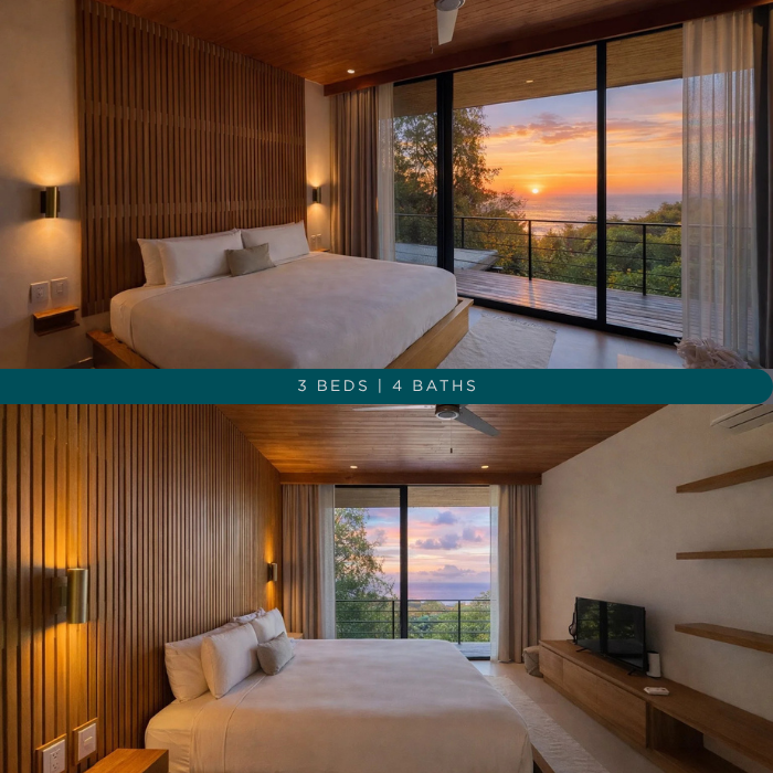 Luxury bedroom with ocean sunset views, wood-paneled ceiling, floor-to-ceiling windows, and minimalist tropical interior design.