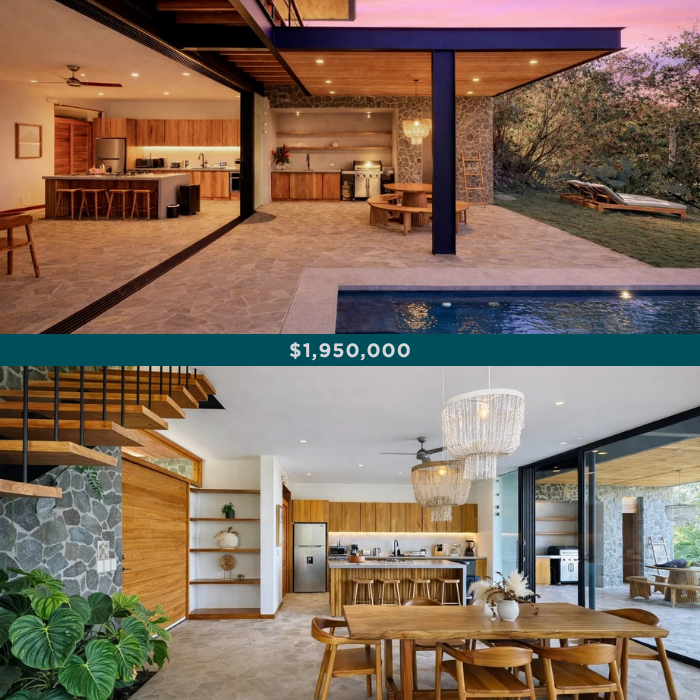 Open-concept luxury interior with floating staircase, stone accent wall, wood finishes, dining area, and modern tropical kitchen.