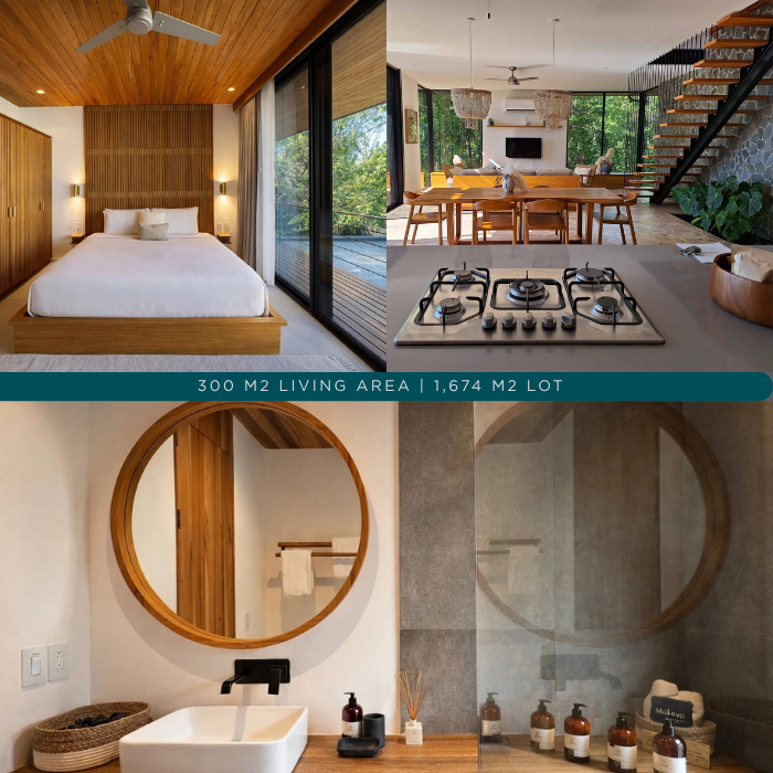 Modern bathroom with circular wood-framed mirror, vessel sink, wood vanity, and glass walk-in shower with minimalist finishes.