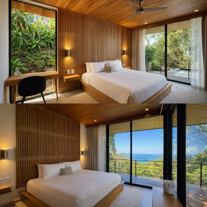 Modern tropical bedroom with ocean view balcony, warm wood accents, and contemporary minimalist furnishings.