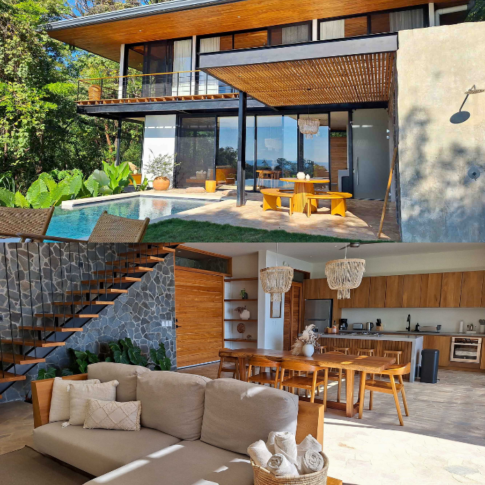 Contemporary tropical bedroom with wood finishes and balcony access beside open-concept dining and kitchen area with modern appliances.