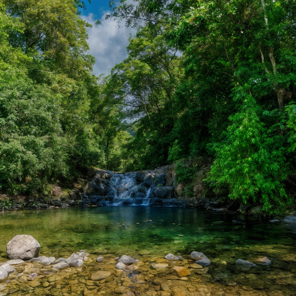 Crystal clear river pool with small cascading waterfalls surrounded by lush rainforest, rocks, and tropical forest scenery.