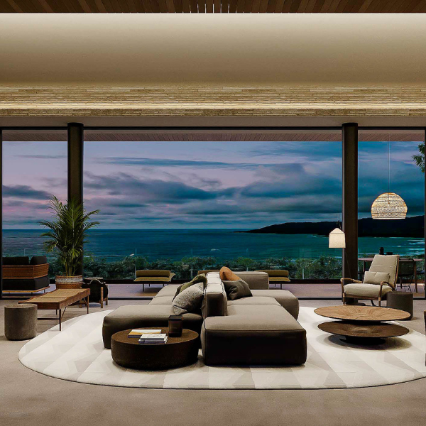 Ocean view living room in a modern Guanacaste luxury residence.