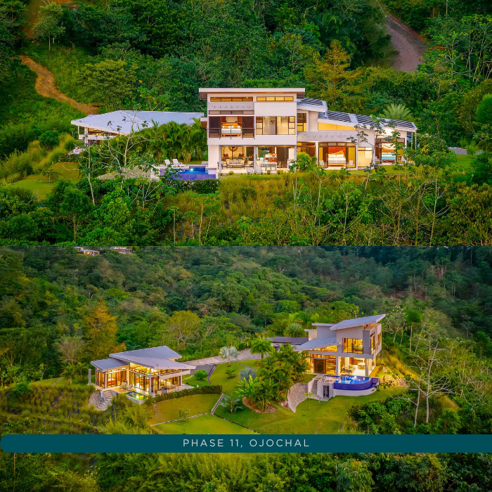 Luxury modern compound in Ojochal featuring two contemporary homes nestled within tropical jungle surroundings, highlighted by panoramic aerial views and landscaped grounds.