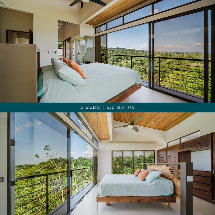 Bright modern bedroom with floor-to-ceiling glass doors, wood-accent ceilings, and panoramic jungle views from a private balcony in a tropical luxury home.