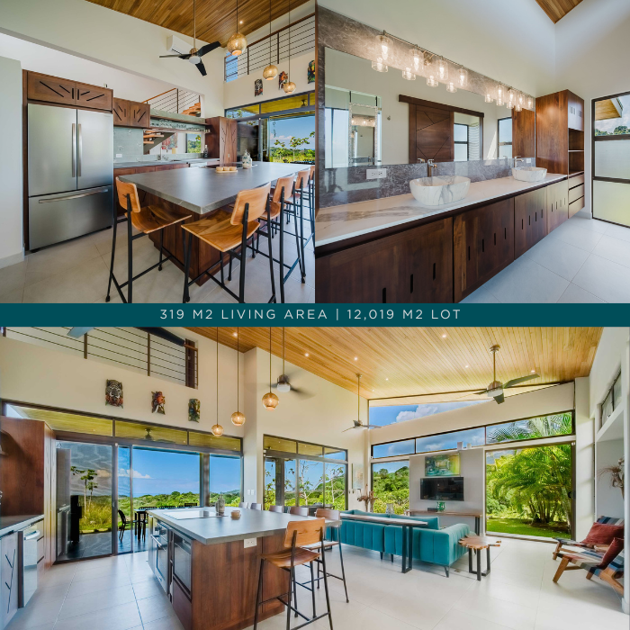 Open-concept luxury kitchen and living area with vaulted wood ceilings, oversized island, modern finishes, and expansive windows overlooking tropical greenery.