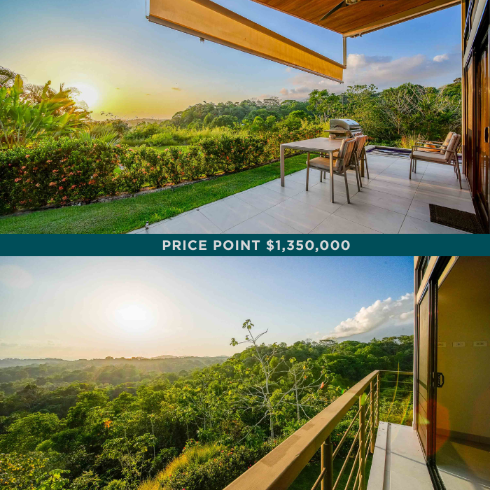 Covered outdoor terrace with dining area and sunset jungle views, featuring modern outdoor furnishings and peaceful tropical surroundings.