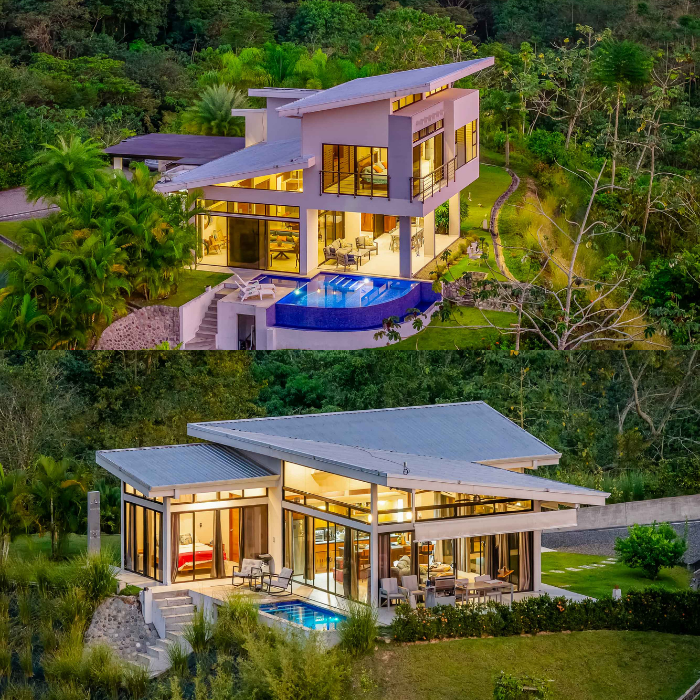 Two modern luxury residences with infinity-edge pools and expansive glass architecture, surrounded by tropical rainforest in a private hillside setting.