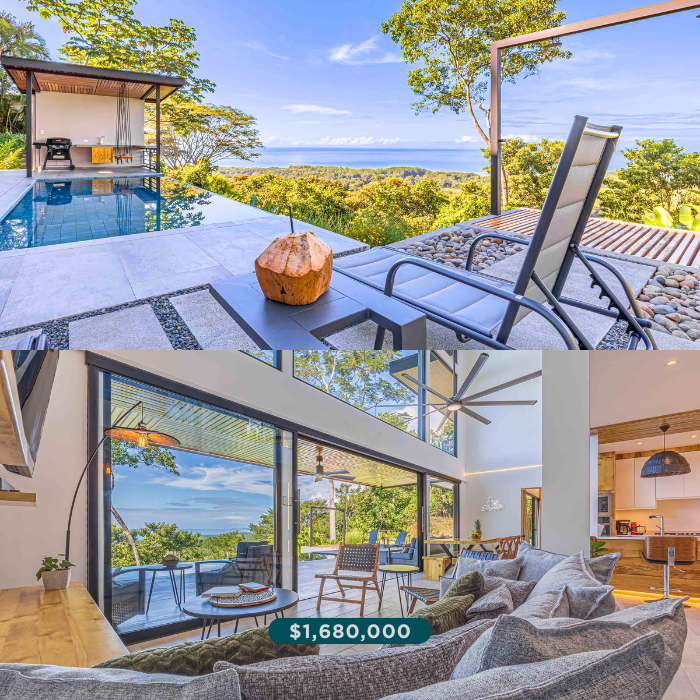 Infinity edge pool terrace with lounge chairs and panoramic jungle and ocean views.