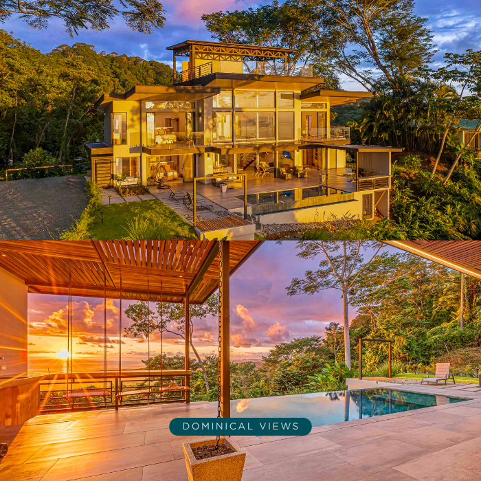 Modern multi level luxury home surrounded by dense tropical jungle with large glass windows and multiple outdoor terraces.